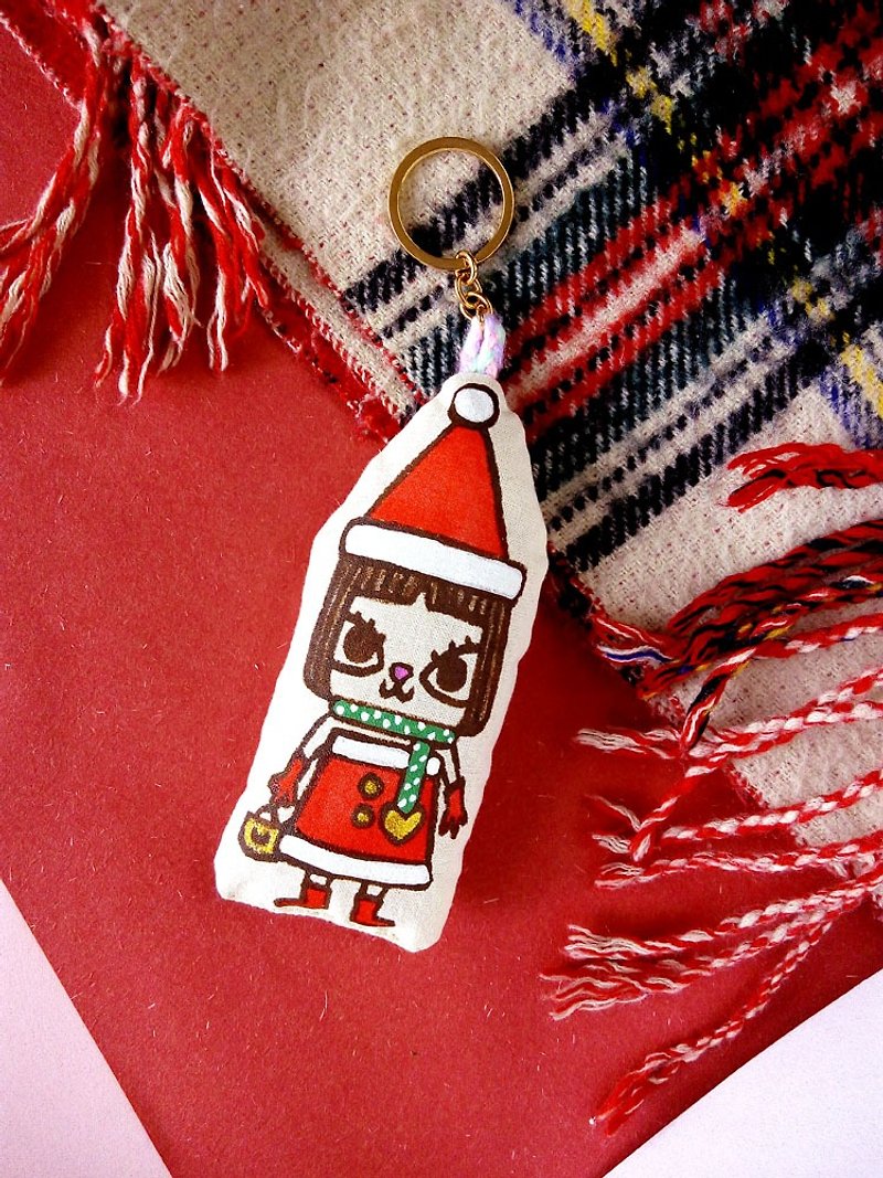 Beautiful cat Christmas charm doll cotton cushion hand-painted hand-made custom keyring - ที่ห้อยกุญแจ - ผ้าฝ้าย/ผ้าลินิน ขาว