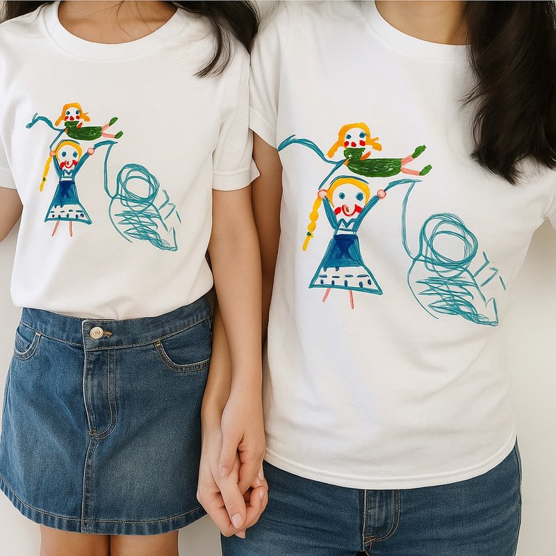 圖索客製塗鴉T  小朋友的塗鴉印成親子裝/家庭服/帆布袋/門簾 - 親子裝 - 棉．麻 白色