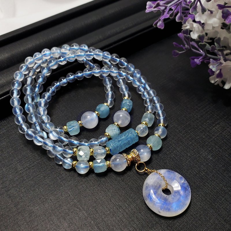 天然 藍月光 海藍寶 平安扣 回紋 吉祥 108手串 念珠 5.6mm 單品 - 手鍊/手環 - 寶石 藍色