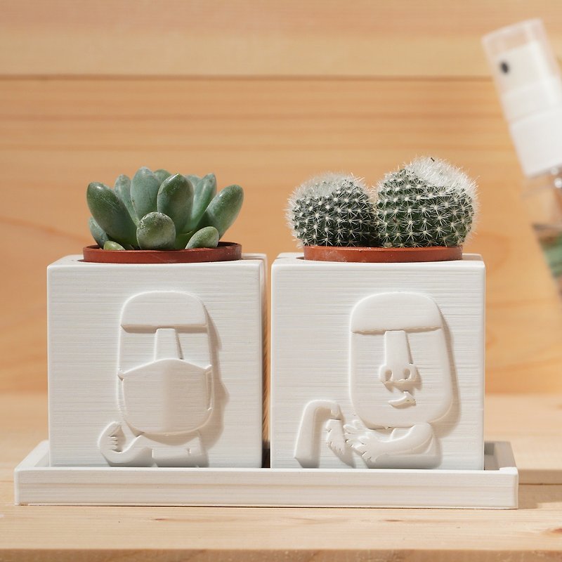 【Customized Gift】Wear a Mask & Wash Your Hands Moai | Succulent Cement Potted Plants | Lei Sculpture - Plants - Cement White
