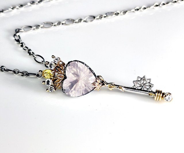 Magical Princess Royal Crown Key Pendant - Milky Rose Quartz