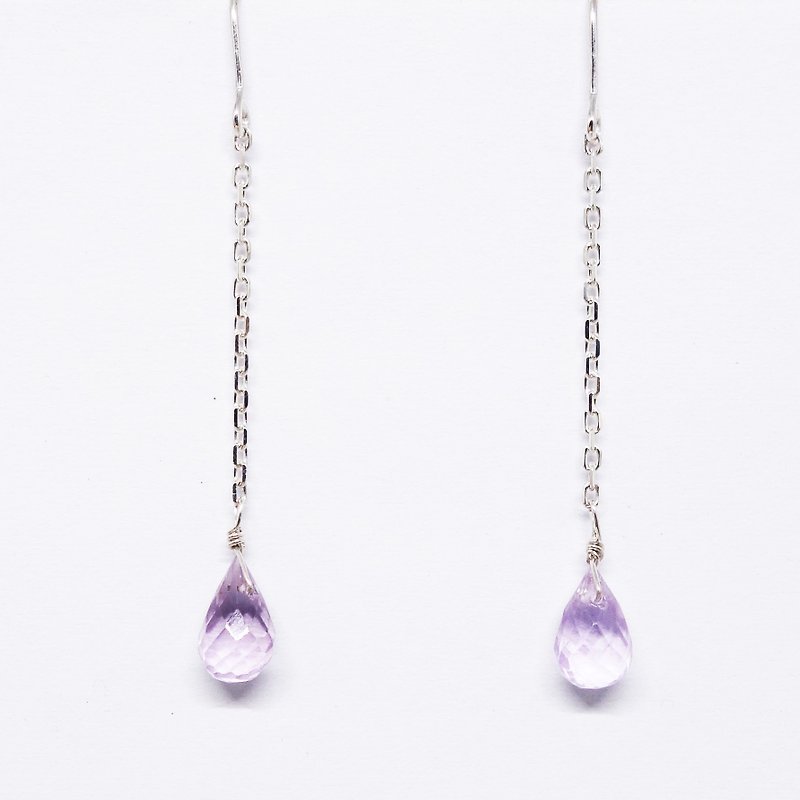 Amethyst briolette long chain earrings SV925 【Pio by Parakee】紫水晶耳環 - Earrings & Clip-ons - Gemstone Purple