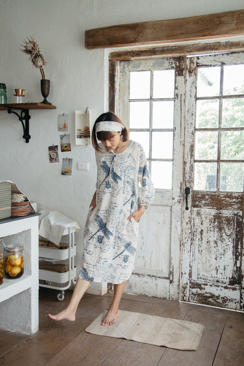 Mulmul dragonfly gathered dress - One Piece Dresses - Cotton & Hemp Blue