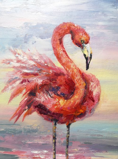 油彩画　フラミンゴ Flamingo Painting Original oil painting on canvas 30x25 cm
