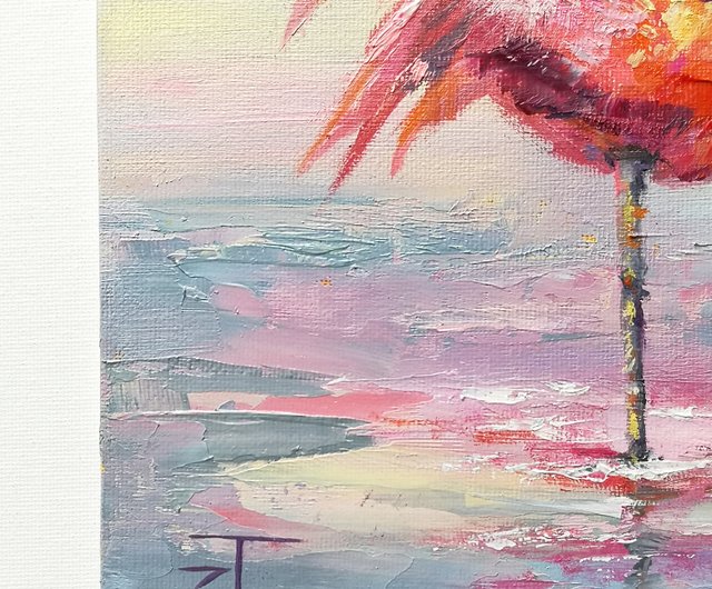 油彩画　フラミンゴ フラミンゴアート、ピンクフラミンゴ水彩画、フラミンゴプリント