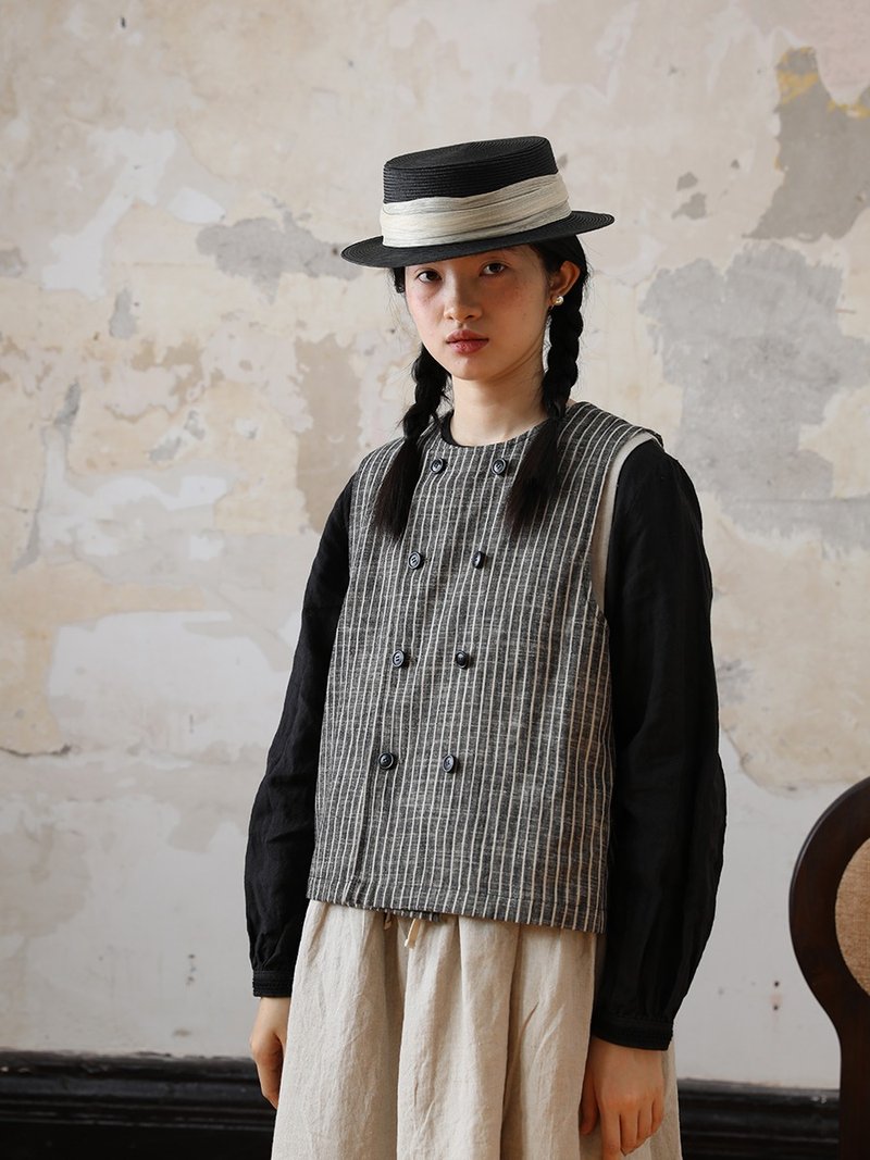 Linen striped double-breasted outer layered round neck vest - เสื้อกั๊กผู้หญิง - ผ้าฝ้าย/ผ้าลินิน สีเงิน