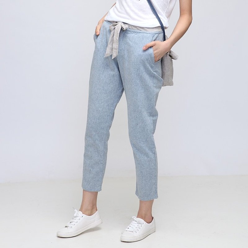 BUFU slim fit eight-point pant with belt  P140506 - กางเกงขายาว - ผ้าฝ้าย/ผ้าลินิน สีน้ำเงิน