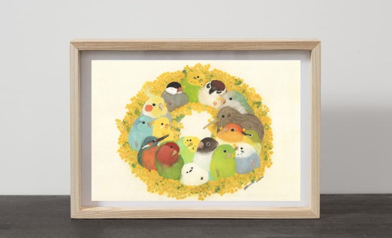 A4 ミモザリース     花  自然 風景画  セキセイインコ スズメ 小鳥 鳥 野鳥 - 海報/掛畫/掛布 - 紙 黃色