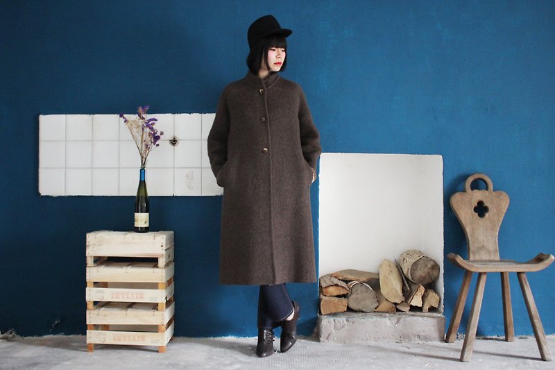 [Vintage Coat] (Made in Italy) Brown Gray Wool Houndstooth Double-Dended Coat Vintage Coat (Pocket Design on Both Sides) F3151 - เสื้อแจ็คเก็ต - ขนแกะ สีนำ้ตาล