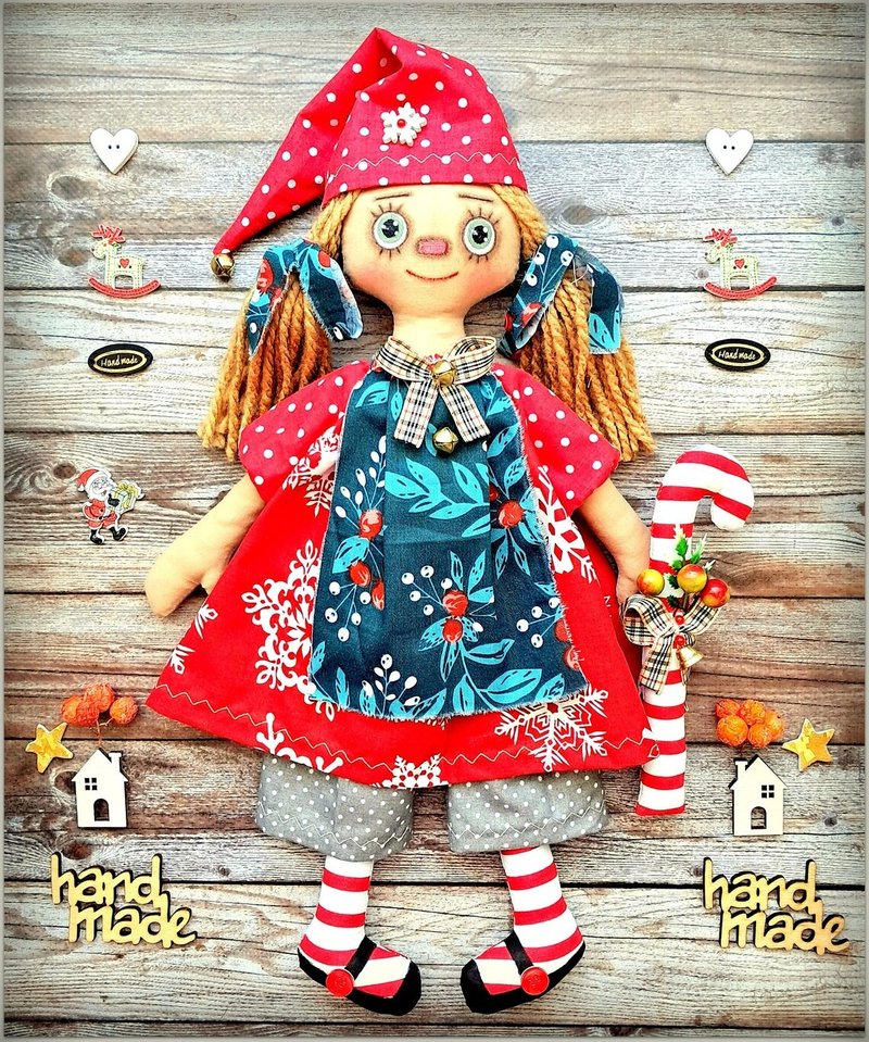 Christmas fabric doll ,Primitive Raggedy Doll Sandy, fabric soft doll ,rag doll - 公仔/玩偶 - 棉．麻 紅色