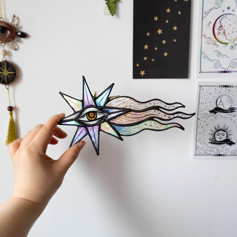 Stained glass ornament, Celestial home decor, Star Art - 壁貼/牆壁裝飾 - 玻璃 多色