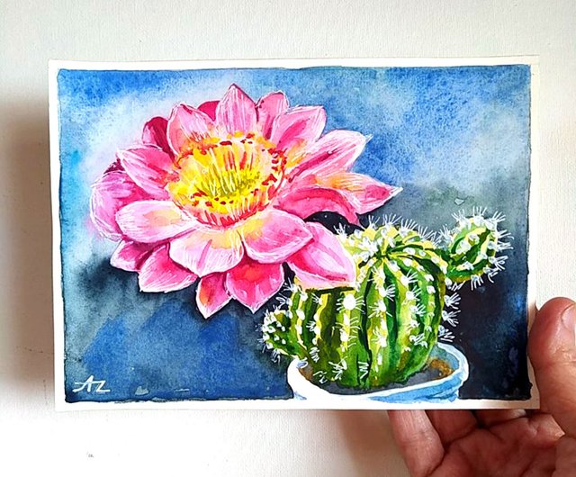 サボテンの絵 花 オリジナルアート 草花 水彩画 フローラル
