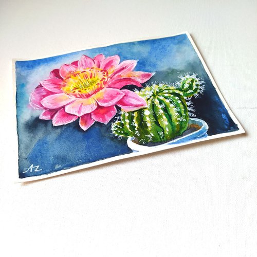 サボテンの絵 花 オリジナルアート 草花 水彩画 フローラルアート
