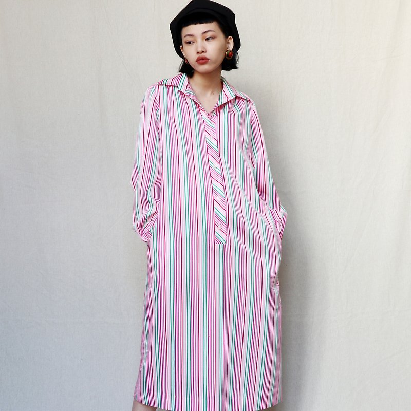 Pumpkin Vintage. Vintage wide version color stripe long sleeve dress - One Piece Dresses - Other Materials Pink