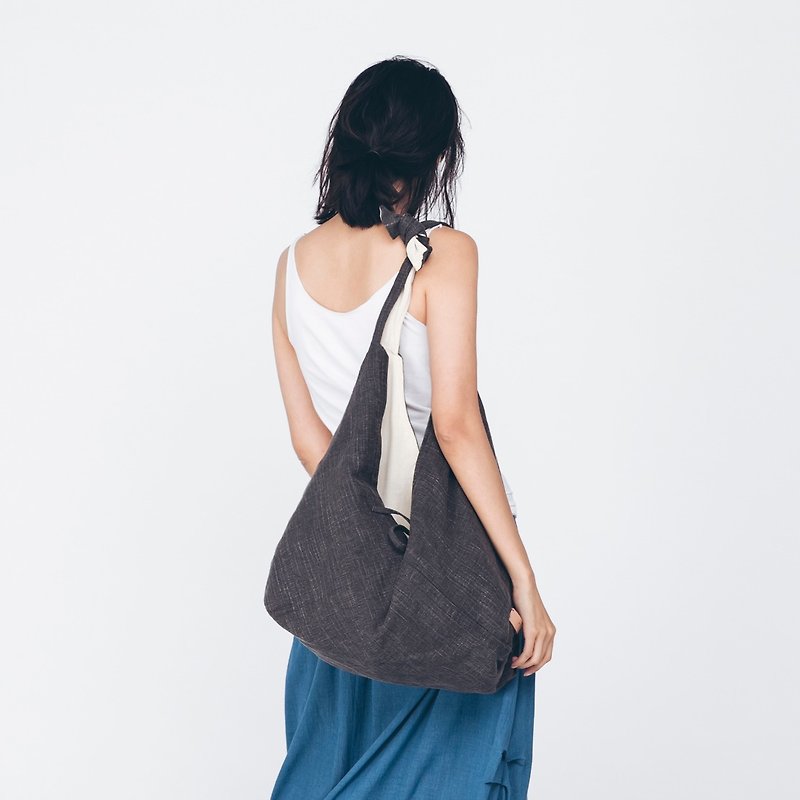 Linen straps shoulder bag backpack - กระเป๋าแมสเซนเจอร์ - ผ้าฝ้าย/ผ้าลินิน สีเทา