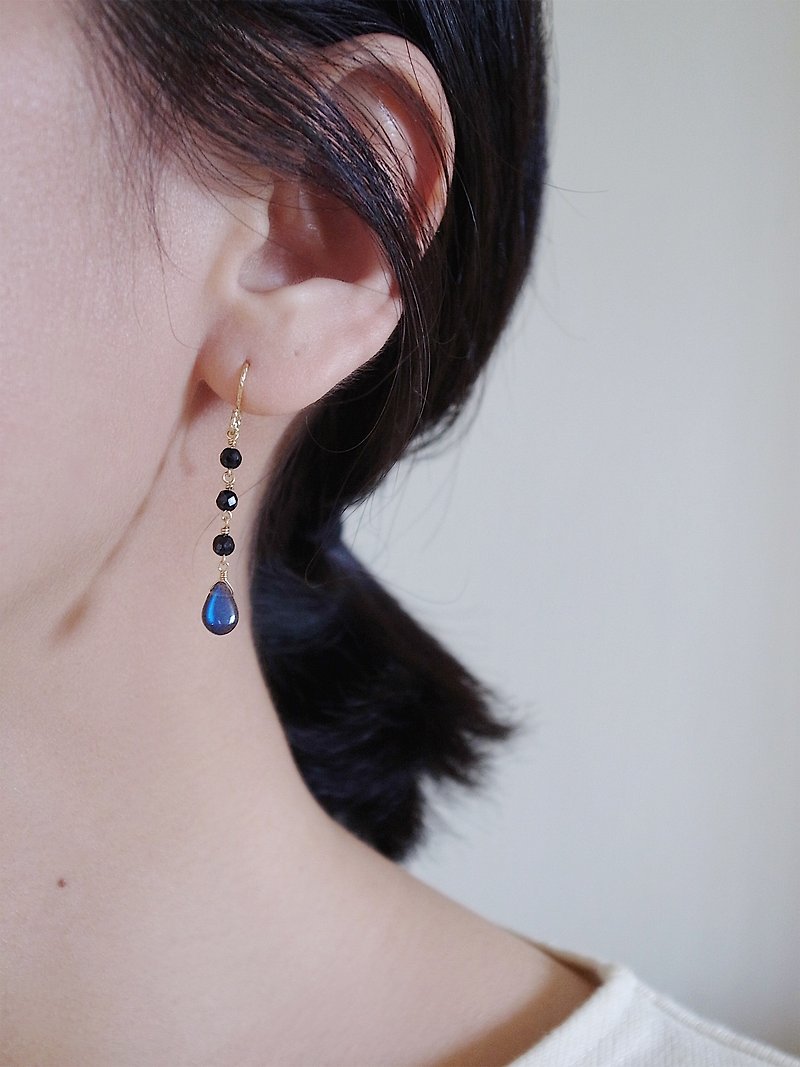14KGF black feldspar × black spinel velvet blue natural stone earrings long section can change ear clip - Earrings & Clip-ons - Gemstone Blue