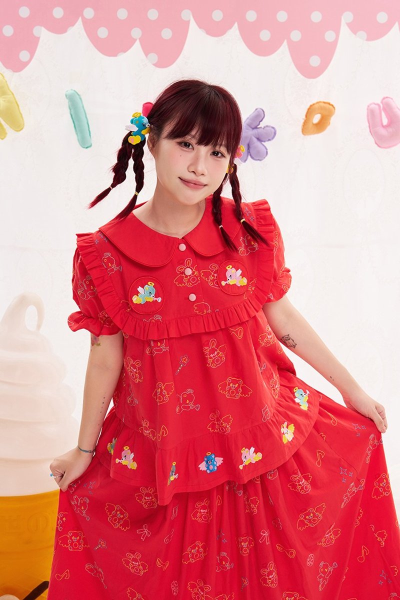 動物天使重工刺繡紅色娃娃衫襯衫 可愛少女日系百搭 - 女上衣/長袖上衣 - 棉．麻 多色