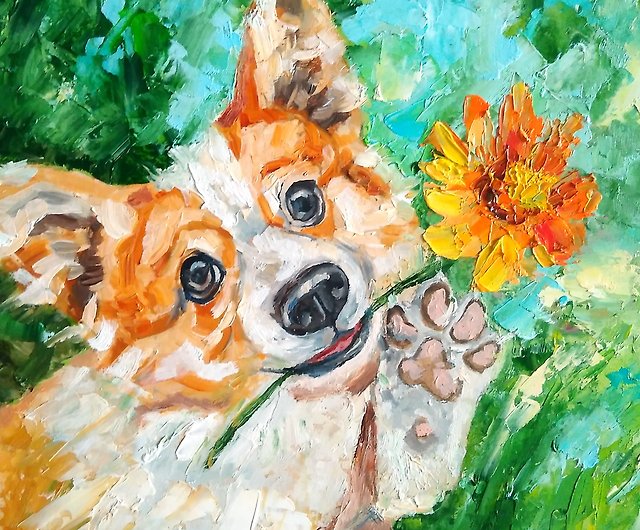 犬のオリジナルの油絵 コーギーアート 面白いペットの肖像画 動物のような壁のアート ショップ Coloredcatsart ポスター 絵 Pinkoi