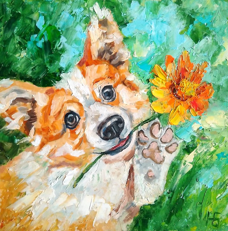 其他材質 海報/掛畫/掛布 多色 - Dog Original Oil Painting, Corgi Art, Funny Pet Portrait, Animalistic Wall Art