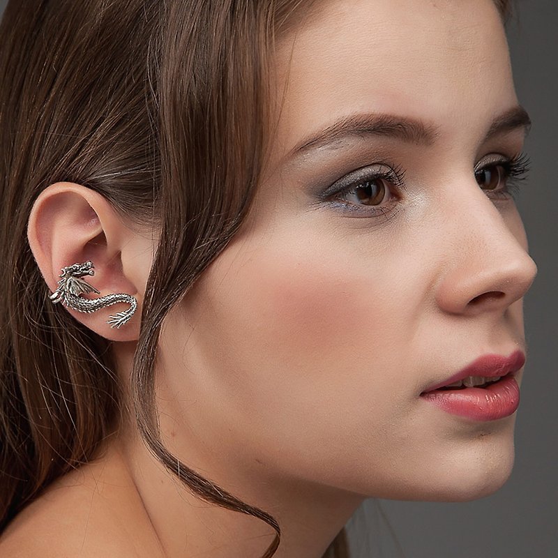 Dragon ear cuff no piercing silver - Earrings & Clip-ons - Sterling Silver Silver