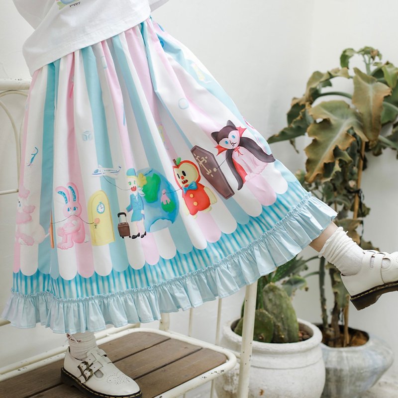 Niu Chou Island Niu Chou Dental Blue and Pink Striped Candy Color Hand-painted Print Small Animal Tooth Extraction Girls Skirt - กระโปรง - เส้นใยสังเคราะห์ หลากหลายสี