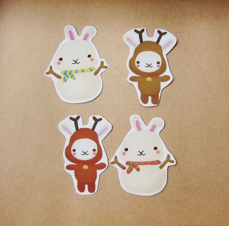 Christmas limited edition hand-painted illustration style completely waterproof sticker bunny elk rabbit snowman - Stickers - Waterproof Material White