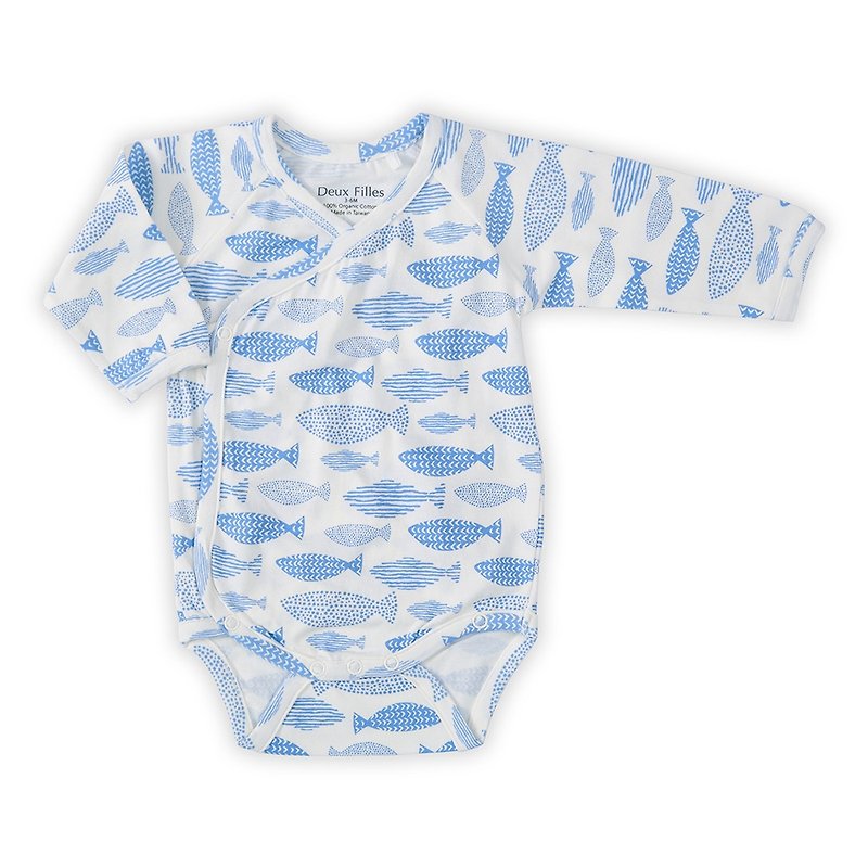 【Deux Filles有機棉】嬰兒長袖側開襟包屁衣/連身衣 藍色小魚 - 包屁衣/連身衣 - 棉．麻 藍色