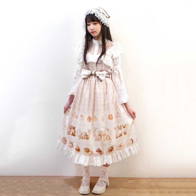 法式奶油貓 JSK 大全套 茉紡原創印花 Lolita - 洋裝/連身裙 - 棉．麻 卡其色