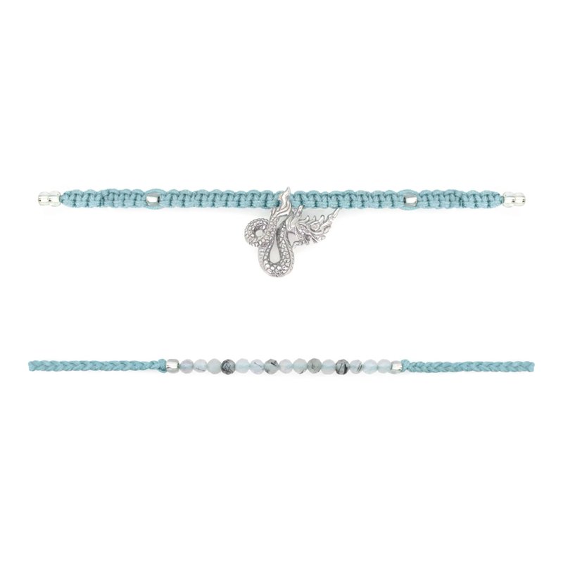 Naga Silver-Cyan SET Bracelets - two bracelets, Cord Bracelets with Naga Charm. - 手鍊/手環 - 純銀 銀色