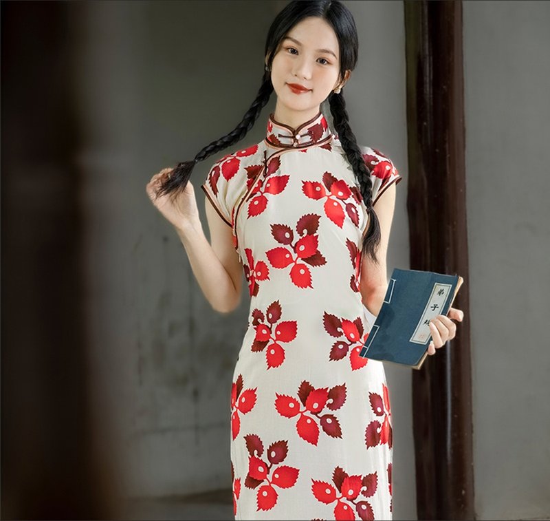 [Mocha Girl] Retro style of the Republic of China, traditional flat-cut slim cheongsam/dress - One Piece Dresses - Cotton & Hemp Red