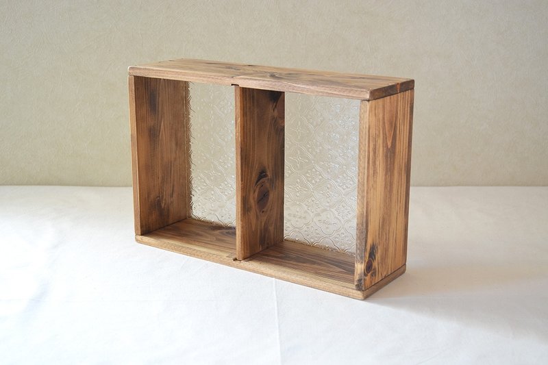 0310mito 日本産ひのきとレトロガラスの２段シェルフ　花柄フローラガラス - 層架/置物架/置物籃 - 玻璃 咖啡色