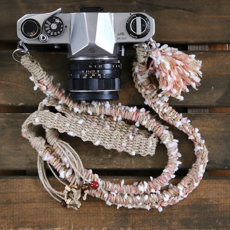 Last item/Snowball yarn twine camera strap/Double ring - Camera Straps & Stands - Cotton & Hemp Pink