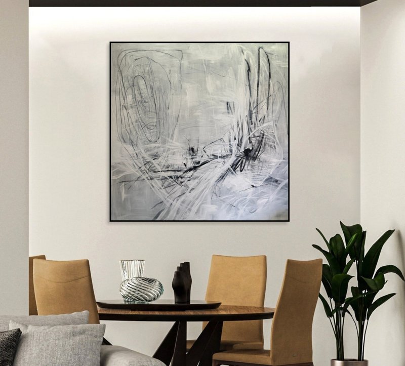 Large Minimalist Abstract Japandi Wabi Sabi Painting Line Art in Monochrome - 壁貼/牆壁裝飾 - 壓克力 多色