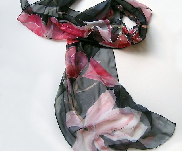 Hand painted floral chiffon scarf