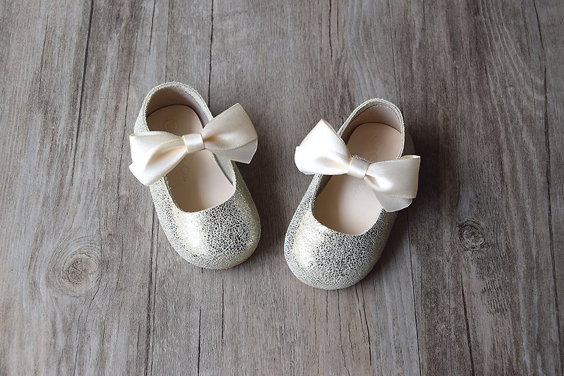 金色緞帶嬰兒鞋 手作學步鞋 女童鞋 小女孩禮物 週歲禮物 花童鞋 - 童裝鞋 - 真皮 金色