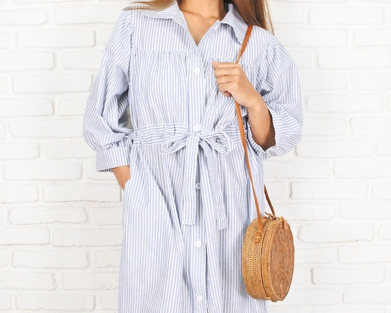 Striped one-piece coat in cotton material - One Piece Dresses - Cotton & Hemp Blue