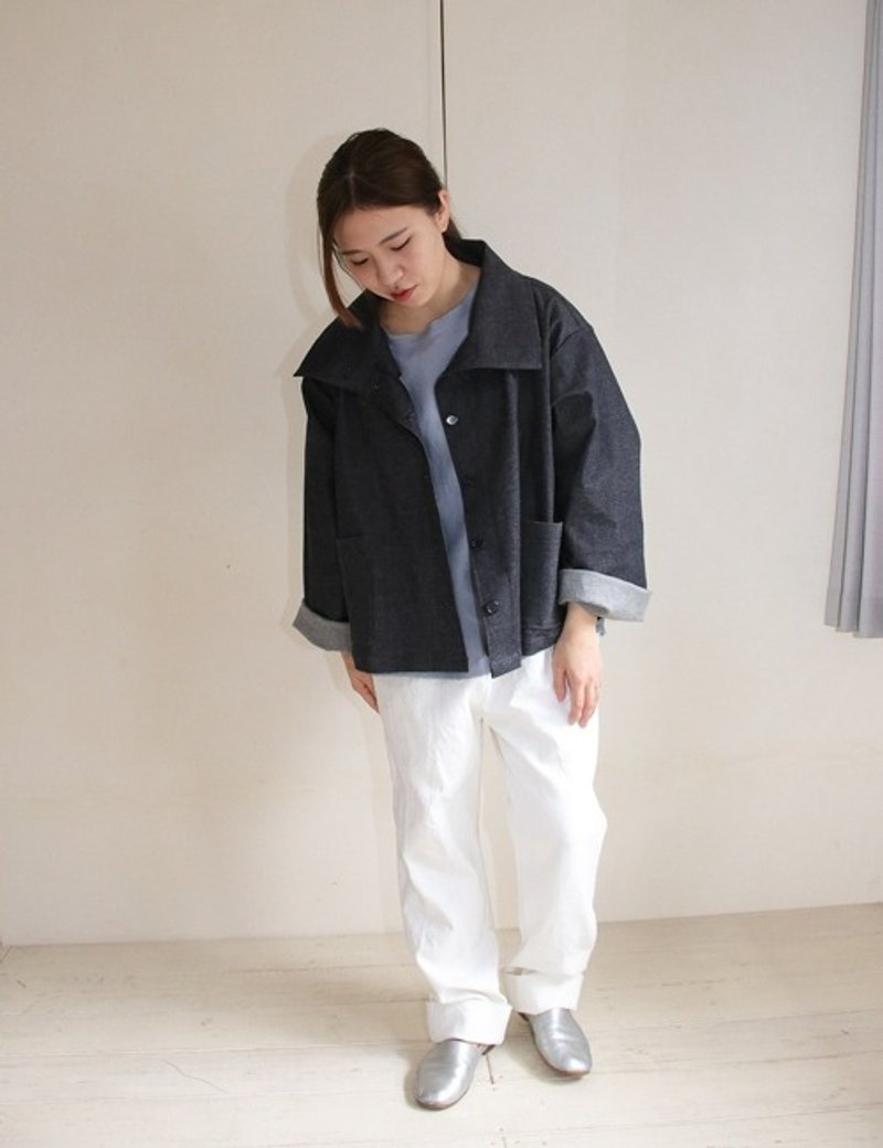 Denim A-line jacket - เสื้อแจ็คเก็ต - ผ้าฝ้าย/ผ้าลินิน สีดำ