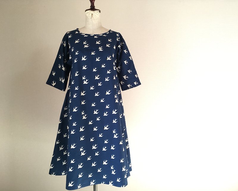 Coming spring * swallows of flare dress * Sky - One Piece Dresses - Cotton & Hemp Blue