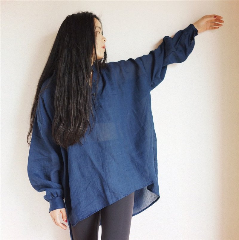 深藍色 法式工作罩衣 French Cotton Work Smock 植物染苧麻襯衣 - 女上衣/長袖上衣 - 棉．麻 藍色
