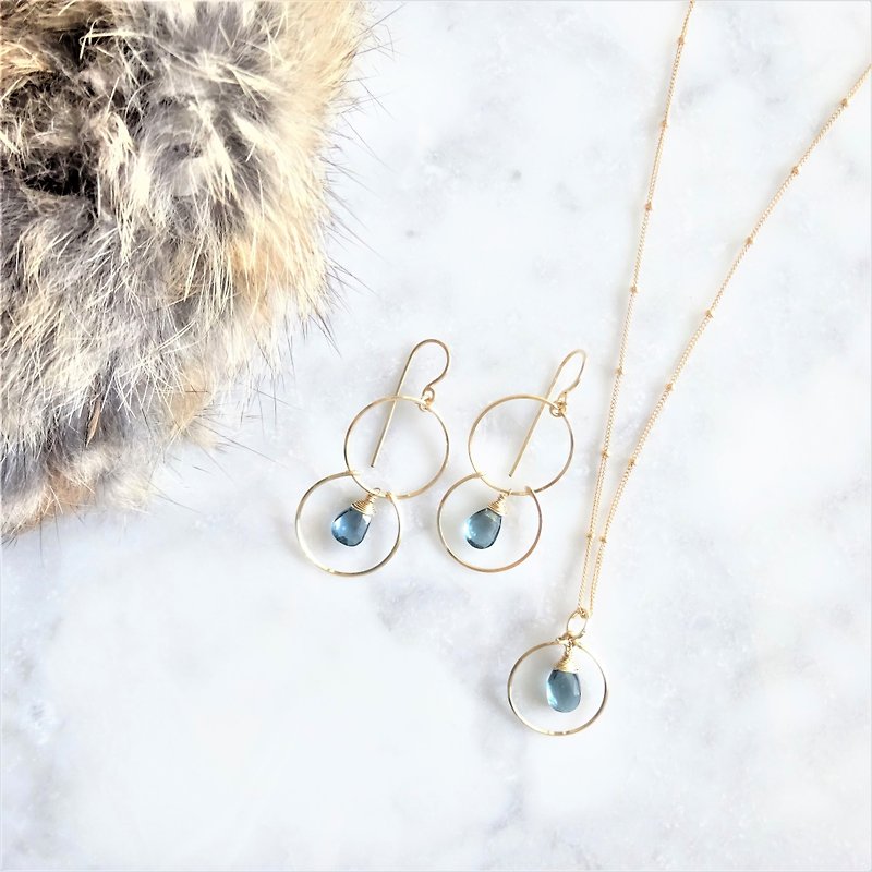 14kgf*London Blue Topaz ring necklace + earring - Earrings & Clip-ons - Gemstone Blue