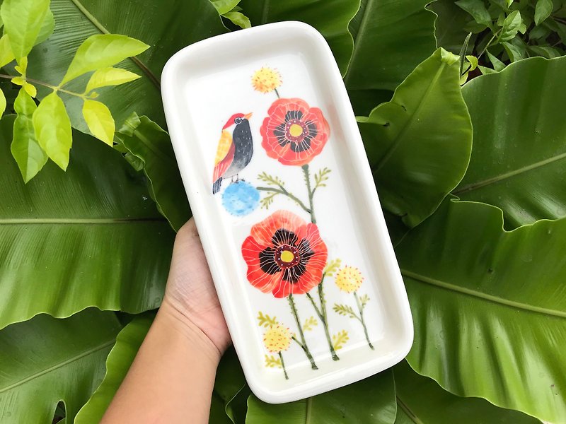Hand pinch square dish bird series underglaze painting - Small Plates & Saucers - Porcelain Multicolor