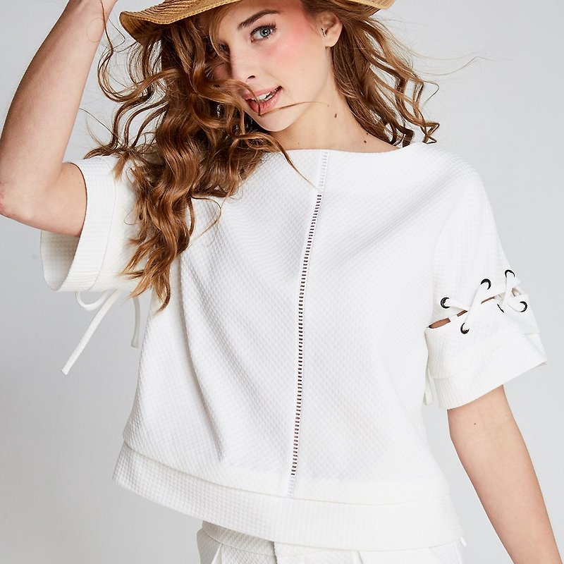白色圓領接袖上衣(FIT1701TP01WH) - 女上衣/長袖上衣 - 聚酯纖維 白色