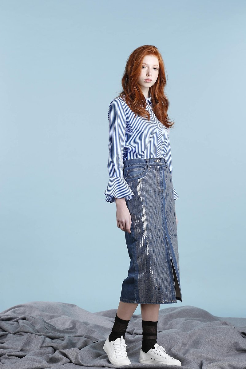Sheer embroidered high-density cotton denim skirt / blue - กระโปรง - ผ้าฝ้าย/ผ้าลินิน สีน้ำเงิน