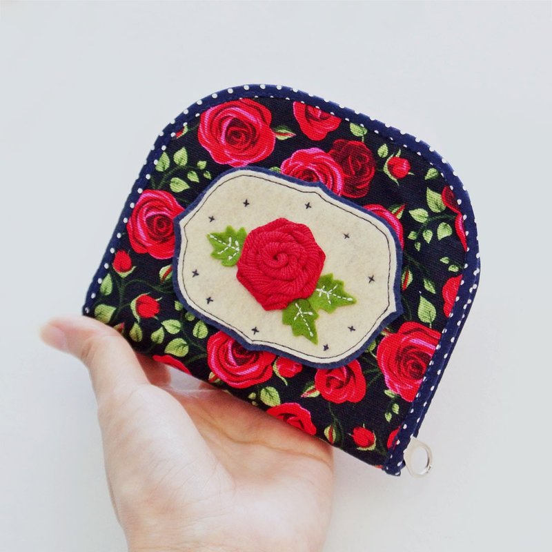 Card Holder Wallet, Keychain Wallet, Small Wallet, Change Purse - English Rose - Wallets - Cotton & Hemp Black