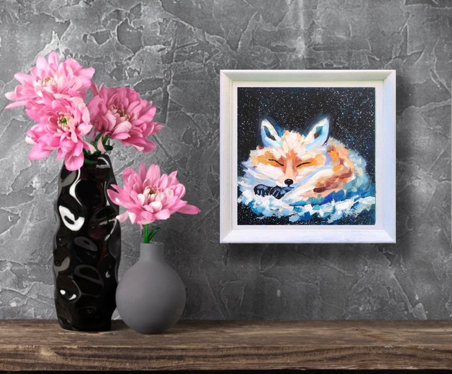 Sleeping Fox オリジナル絵画、森林動物ウォールアート、アートギフト