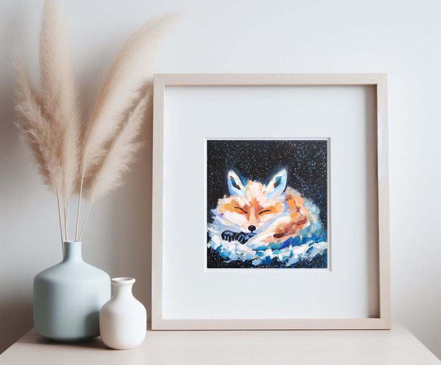 Sleeping Fox オリジナル絵画、森林動物ウォールアート、アートギフト