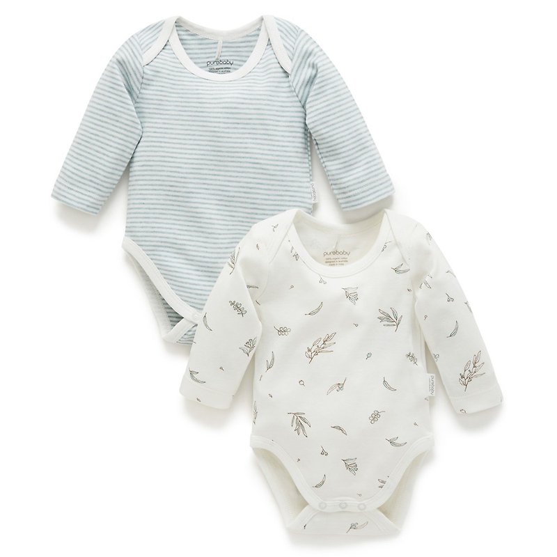 Australia Purebaby Organic Cotton Baby Onesies/ Newborn Jumpsuit 2-Piece Blue Stripes - ชุดทั้งตัว - ผ้าฝ้าย/ผ้าลินิน 