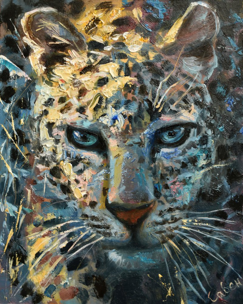 Leopard Painting Wild Animal Original Art Animal Oil Impasto Nature Wall Art - โปสเตอร์ - ไม้ หลากหลายสี