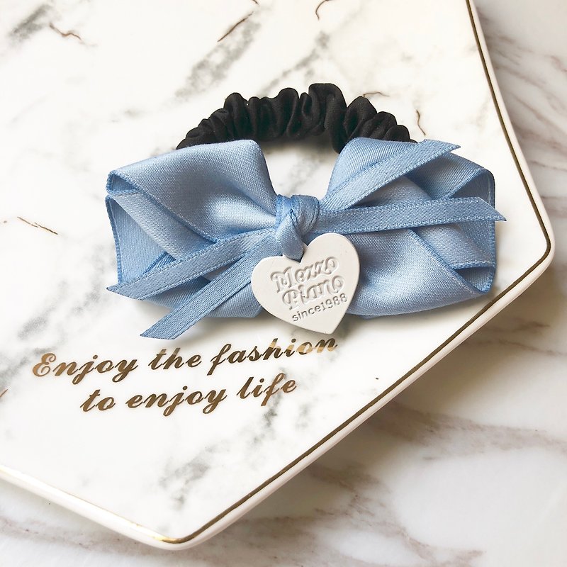 Elegant bow thin version scrunchie/ water blue - Hair Accessories - Other Materials Blue