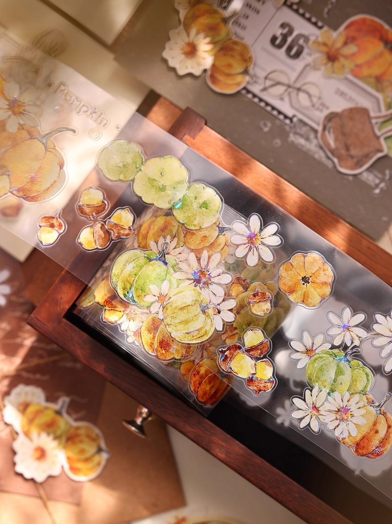 パンプキンパイ レトロなカボチャと花、フルーツの和紙PET貝殻光沢ダイカット手帳用マスキングテープ - マスキングテープ・PET テープ - 紙 多色